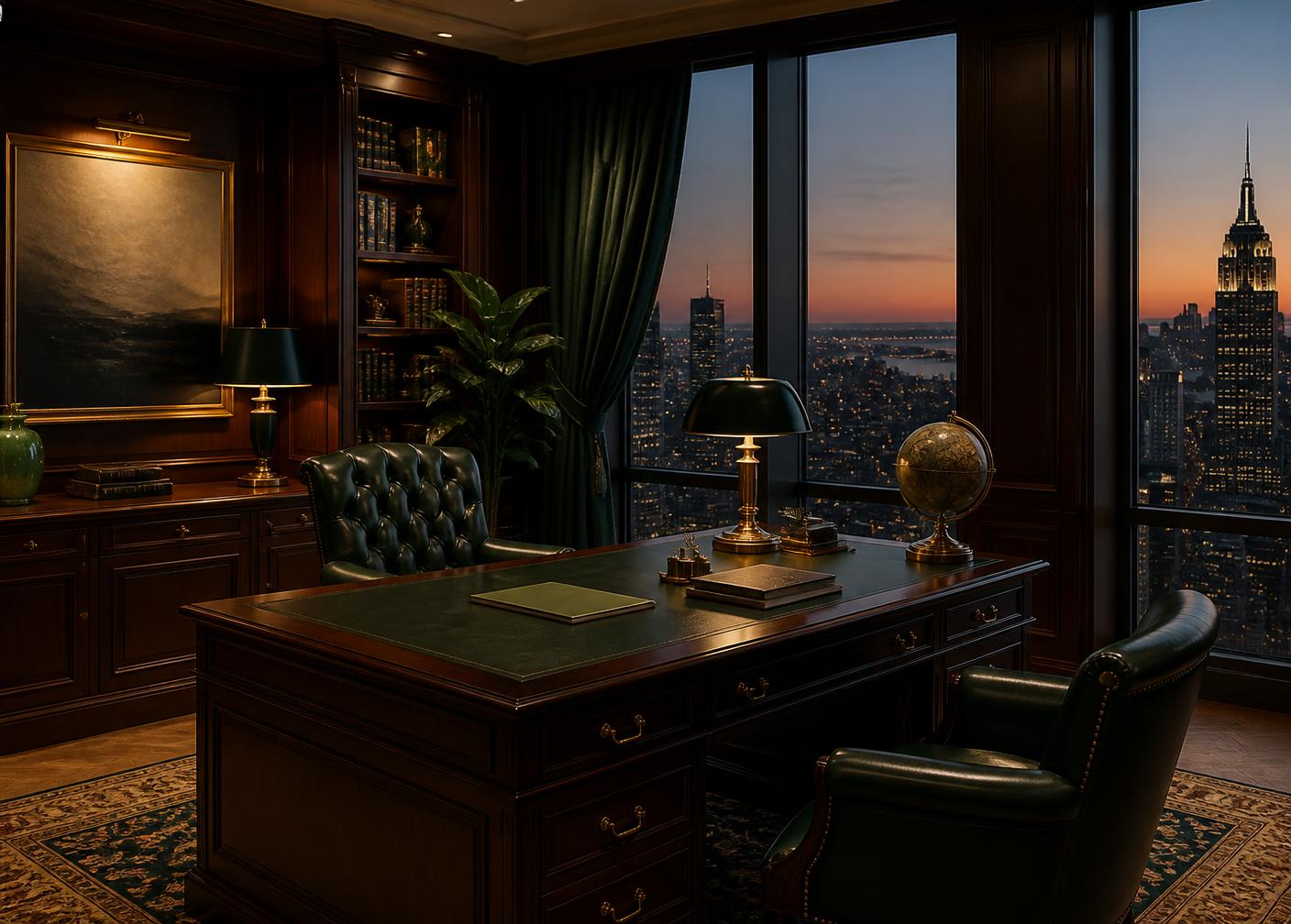 Executive study interior at dusk with a city skyline view