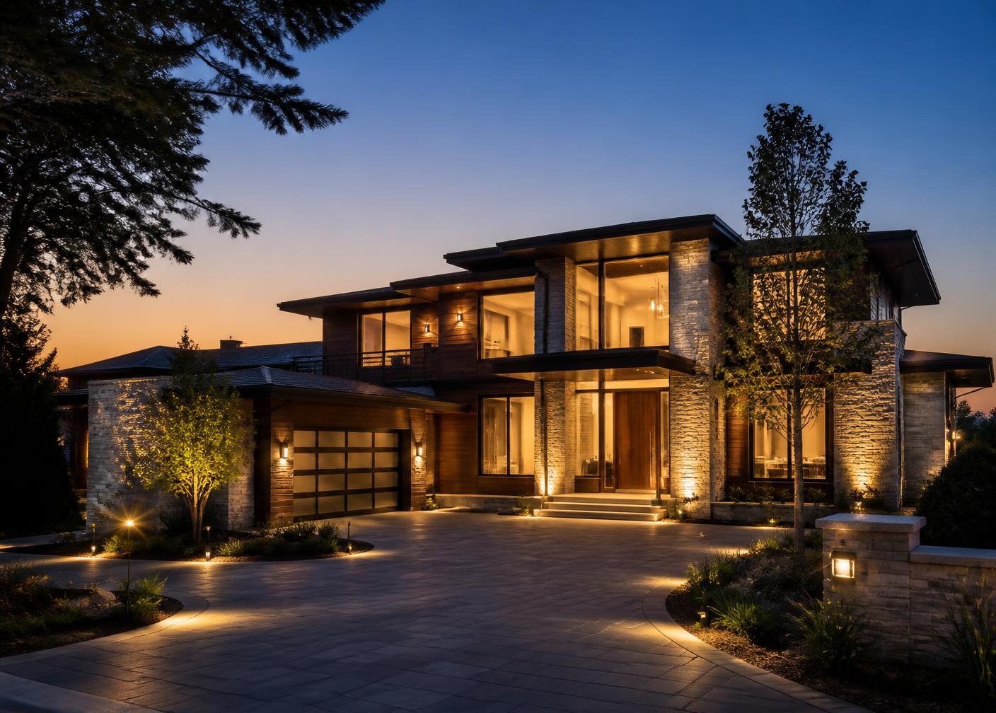 Modern luxury home at dusk with warm lit windows and landscape lighting